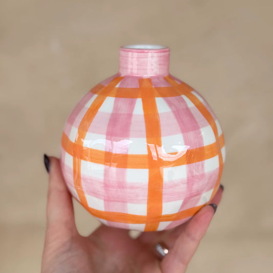 Round Bud Vase - red & orange gingham