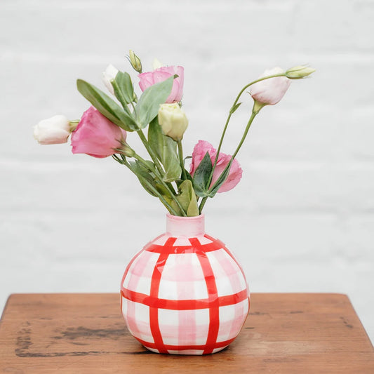 Round Bud Vase - red & pink gingham